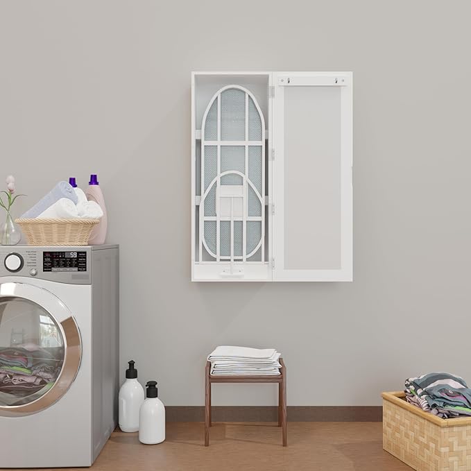 Wall Mount Ironing Board Cabinet, Built in Swivel Ironing Board Folding with Storage & Mirrored Door, White