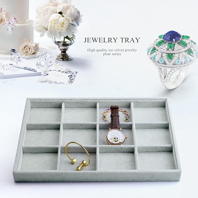 Oirlv Velvet Stackable Jewelry Display Trays 12 Grids Rings Earrings Bracelet Organizer Storage Tray(13.8"x1.29"x9.4")