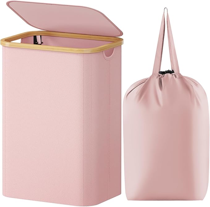 Lifewit 80L Laundry Basket with Lid, Clothes Hampers for Laundry with Bamboo Handles and A Removable Bag, Large Foldable Laundry Hamper for Bedroom, Bathroom, Dorm, Laundry Room, Pink