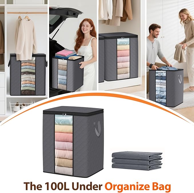 SpaceWhisper 3 Pack 100L Clothes Storage, Foldable Thick Fabric Blanket Storage Bags, Containers for Organizing Bedroom, Closet, Clothing, Comforter,Closet Organization with Handle,Grey
