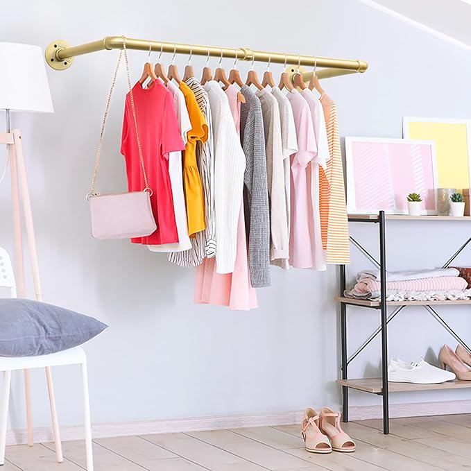 48” Gold Wall Mounted Clothes Rack, Industrial Pipe Iron Garment Bar, Heavy-Duty Detachable Clothing Rod, Multi-Purpose Metal Wall display Hanging Pole for Closet Storage, Laundry Room 2 Base