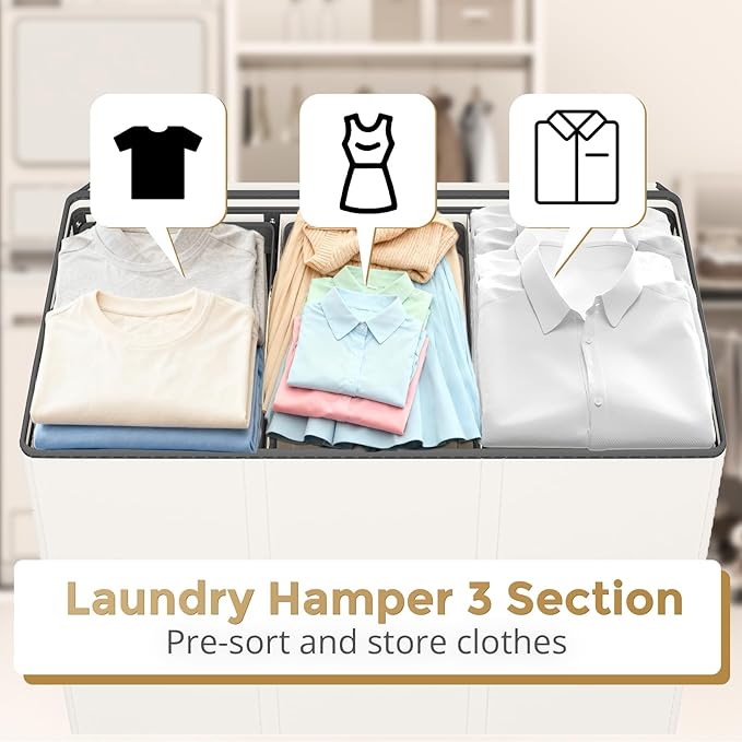 180L Laundry Hamper 3 Section, Large Laundry Basket with Lid, Laundry Basket Organizer with Handles, White Divided Laundry Baskets, Clothes Hampers for Laundry, Bedroom, Bathroom