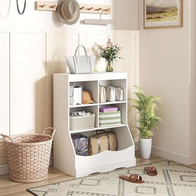 Storage Organizer, Small Bookcase w/ 4 Open Cubes & 1 Bottom Compartment, Anti-Tipping Device, Foot Pads, Low Cube Bookshelf for Bedroom, Living Room, Playroom, Study, Small Spaces (White)