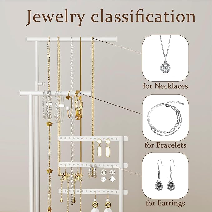 Jewelry Holder Organizer Stand - Adjustable Tall 17.5" (Max), Sturdy Jewelry Hanger for Necklaces, Earrings, Bracelets, Rings, Jewlery Display and Storage, White, Metal
