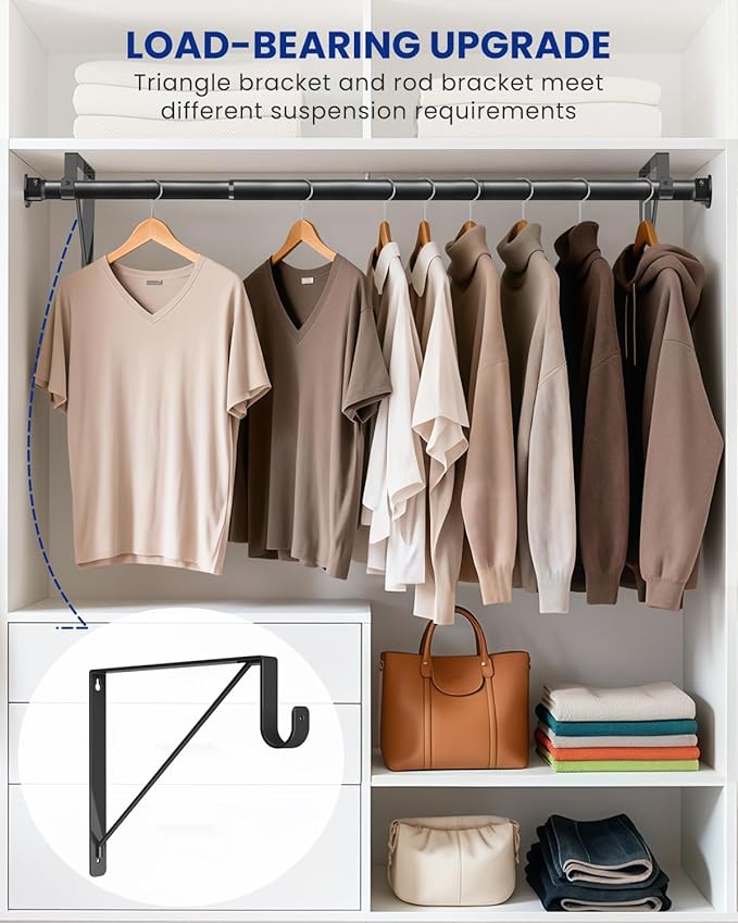 Closet Rods for Hanging Clothes with Triangular Brackets, 17 to 54 Inches Stepless Adjustable Closet Rod, 1.3 Inch Heavy Duty Closet Rod for Closet Wardrobe Laundry RV (Without Board/Black)