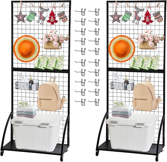 Eastern Tree Grid Wall Panels, Black Gridwall Panels Stand with Base Plate, Wire Grid Wall Panel Display with Wheels, Craft Show Display Rack, Retail Display with 20 Pieces Hooks, 2 Packs 2.5'x 6'