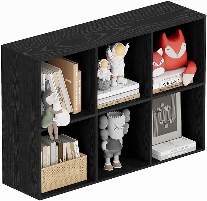 Book Shelf, Wooden Cube Storage Organizer with 11" Open Cubes, Stackable Modular Bookcase for Room Divider Storage, 2 Tier Bookshelf for Living Room, Bedroom, Office (Black, 6-Cube)