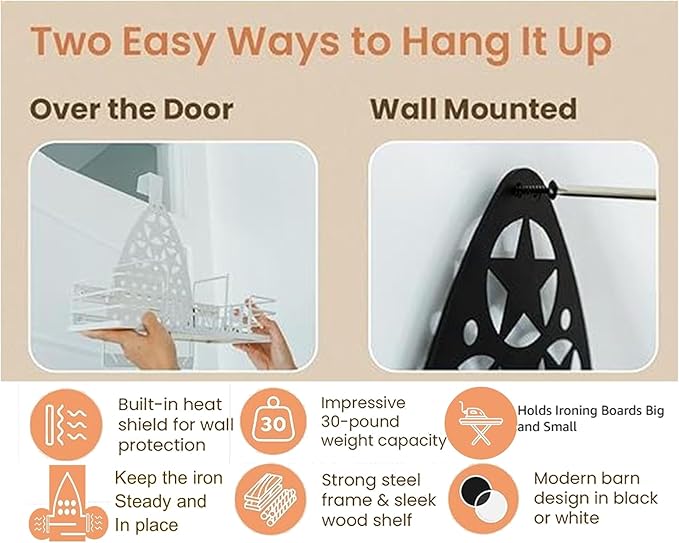 Farmhouse Ironing Board Hanger Wall Mount or Over the Door - Universal Laundry Room Ironing Board Holder Caddy with Iron Holder Shelf - Adjustable Hooks to Hold Ironing Boards Large & Small - White