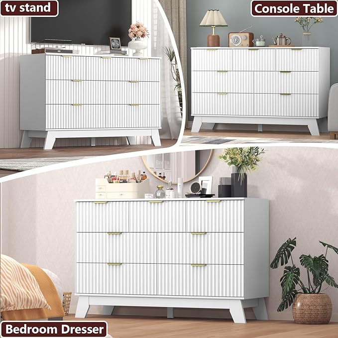 Fluted Dresser for Bedroom,7 Drawer Dresser for Closet,Storage Cabinet and Chest of Drawers with Gold Handle,TV Stand,Storage Organizer for Living Room,Hallway,Entryway,White
