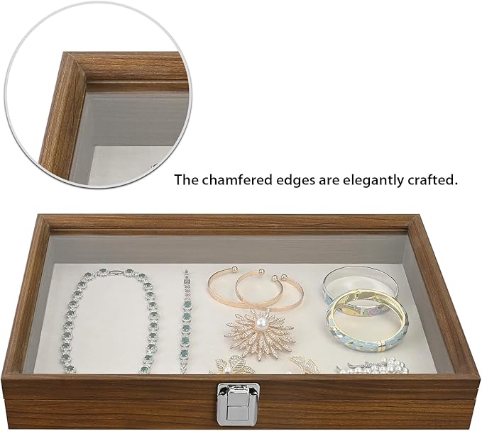 MOOCA Jewelry Display Case, Display Case Accessories Storage Box with Tempered Glass Hinge Lid, Jewelry Tray for Collectibles, Walnut Color, 14.1W x 10.2D x 2.1H in