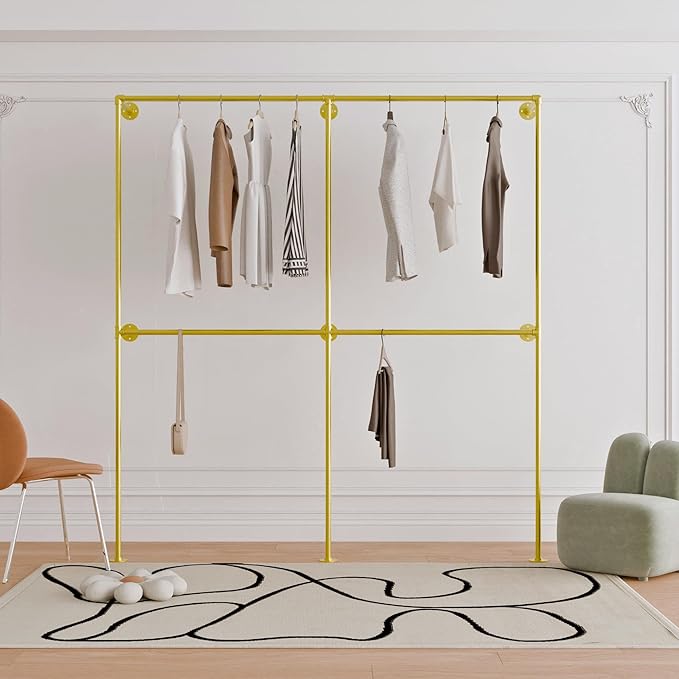 Industrial Pipe Clothing Rack, Heavy Duty Wall Mounted Clothes Rack, Retail Display Hanging Garment Rod for Laundry Rooms Closet Storage, 14.6x75x82.7 Inches, Model K09 Gold