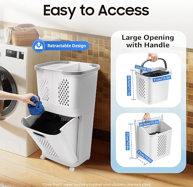 2-Tier Laundry Basket Sorter & Movable Laundry Hamper, Storage Organizer with 4 Wheels and Handles, Large Capacity Clothes Sorter for Bathroom Bedroom Laundry Room Closet Organization