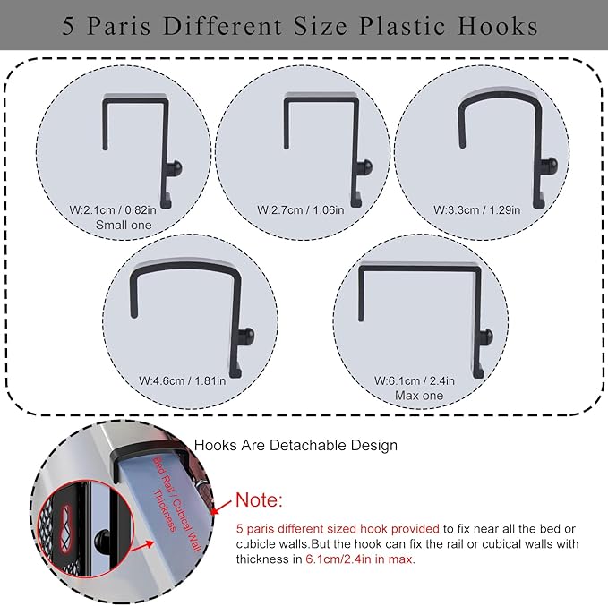 Bedside Caddy Shelf Hanging Storage Basket for Bunk Bed, Office Cubical Walls, Baby Rails, College Dorm Organizer - 5 Pairs Sized Hooks for Phone, Glass, Magazine, Decor (Black)