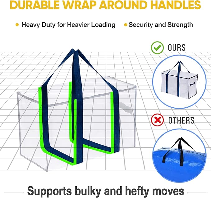 VENO 4 Pack Moving Bags and Large Christmas Storage Bins with lids. Alternative to Moving Boxes, Packing Supplies for College. Extra Large Heavy Duty Totes for Packaging (Clear, 4 Pack)