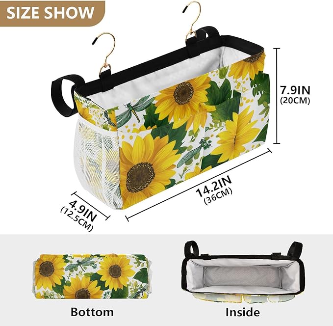 Cute Yellow Sunflowers and Dragonflies Bedside Caddy for Dorm Bed Bedside Hanging Caddy Bag Iron Frame Storage Organizer Pocket for Bunk Home College Hospital Beds 2 Hooks