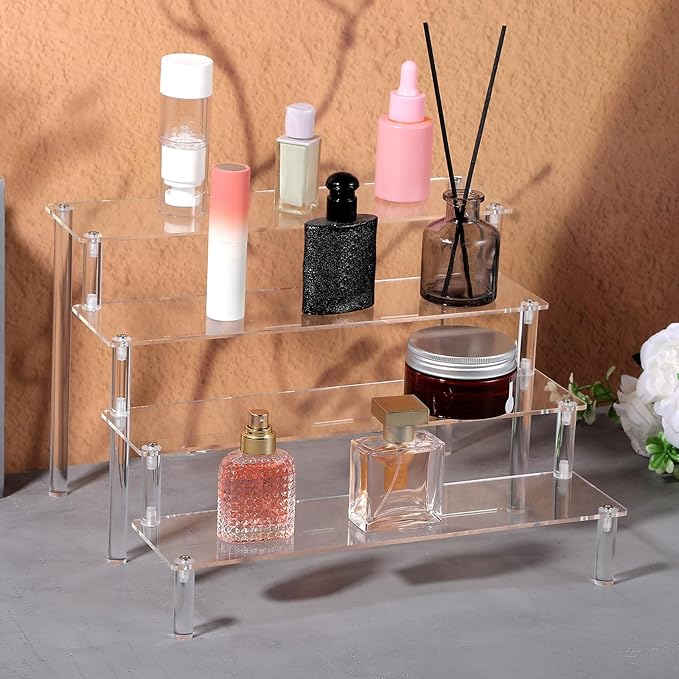 2 Pack 4 Tier Acrylic Display Risers, Clear Perfume Organizer, Clear Risers for Display Cupcake, Cosmetics, and Collectibles (11.8 x 10.2 x 7.8 inch)