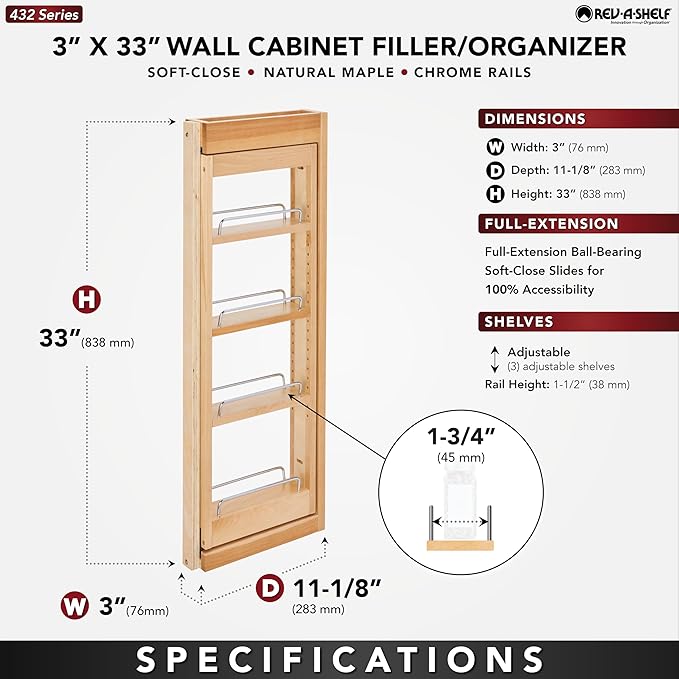 Rev-A-Shelf Kitchen Cabinet Pullout Wall Filler Wooden Organizer Slide Out Pantry Storage w/Soft-Close in Multiple Sizes, 3 x 33 In, 432-WFBBSC33-3C