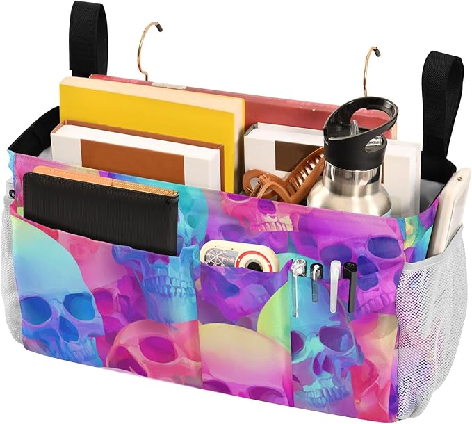 Gradient Multicolored Skulls Bedside Caddy for Dorm Bed Bedside Hanging Caddy Bag Iron Frame Storage Organizer Pocket for Bunk Home College Hospital Beds 2 Hooks