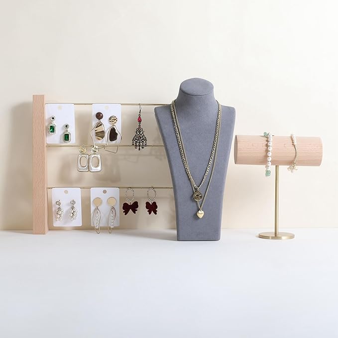 GemeShou Grey necklace storage organizer for sale, Velvet necklace holder stand, jewelry bust display stands, Jewelry Mannequin for Countertop, Showcase【Grey-Medium height 10.43 inch】