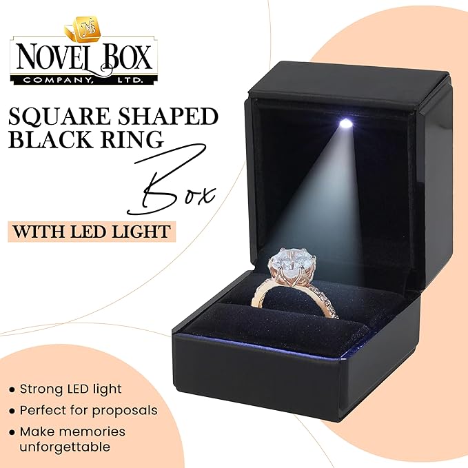 Novel Box Square Shaped Black Ring Box With LED Light 2.25X2X2.5 Inches - Jewelry Ring Case Best for Jewelry Displays - Gift Boxes for Mother's Day, Engagement, Anniversary & more Happy Occasions