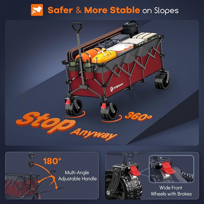 48" L Folding Beach Wagon Cart Foldable, 560lbs Weight Capacity 300L Heavy Duty Collapsible Wagons with Big All-Terrain Wheels, Utility Carts for Groceries, Shopping, Camping, Sports - Grey&Red