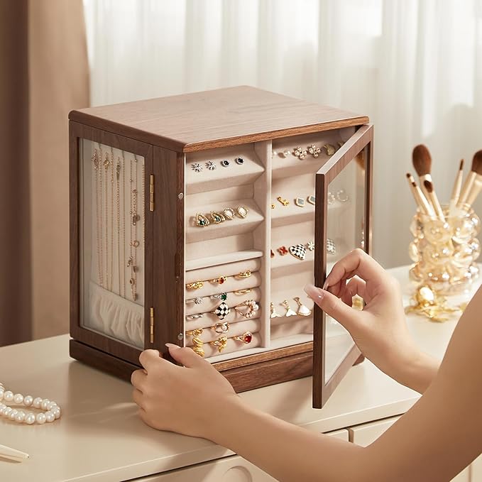 CHOSIN Black Walnut Wooden Jewelry Box, 360° Rotating Organizer with Glass Lid, 5 Drawers for Earrings, Rings, Necklaces – Vertical Jewelry Storage for Women Christmas Gifts
