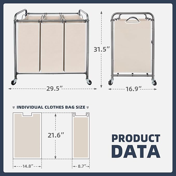 STO STO Laundry Sorter 3 Section, 3 Bag Laundry Hamper, Rolling Laundry Cart, Laundry Basket with Heavy Duty Lockable Wheels and Removable Bag for Clothes Storage, Beige