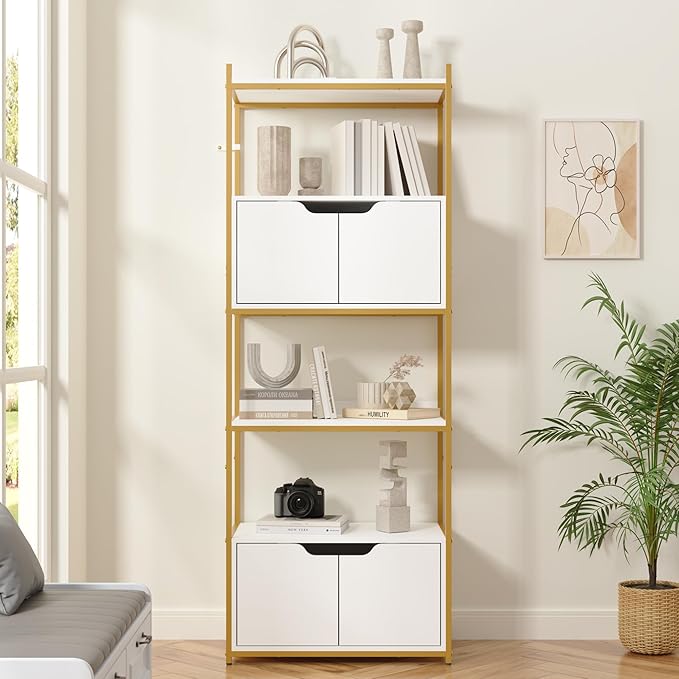 Industrial Bookshelf, Bookcase with 2 Cabinets, 6-Tier Display Book Shelf with Doors for Living Room, Home Office, Bedroom, Washroom, White and Gold