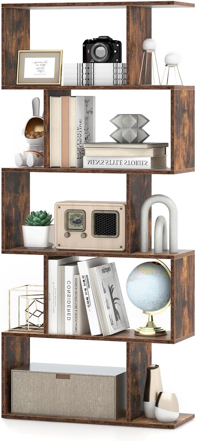5-Tier Geometric Bookcase, 62.5” Freestanding Room Divider Bookshelf with Open Display Shelves & Anti-tip Device, Wood S-Shaped Storage Organizer for Living Room, Bedroom, Study & Home Office