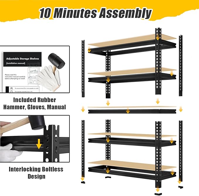 5-Tier Metal Storage Shelves: Heavy Duty Garage Shelving Adjustable Shelves for Storage - Black Utility Rack Shelf for Pantry, Warehouse, Office, Kitchen, 28" W x 12" D x 59" H, 3PCS