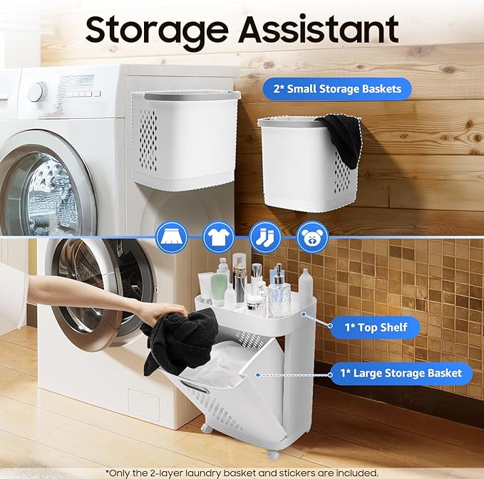 2-Tier Laundry Basket Sorter & Movable Laundry Hamper, Storage Organizer with 4 Wheels and Handles, Large Capacity Clothes Sorter for Bathroom Bedroom Laundry Room Closet Organization