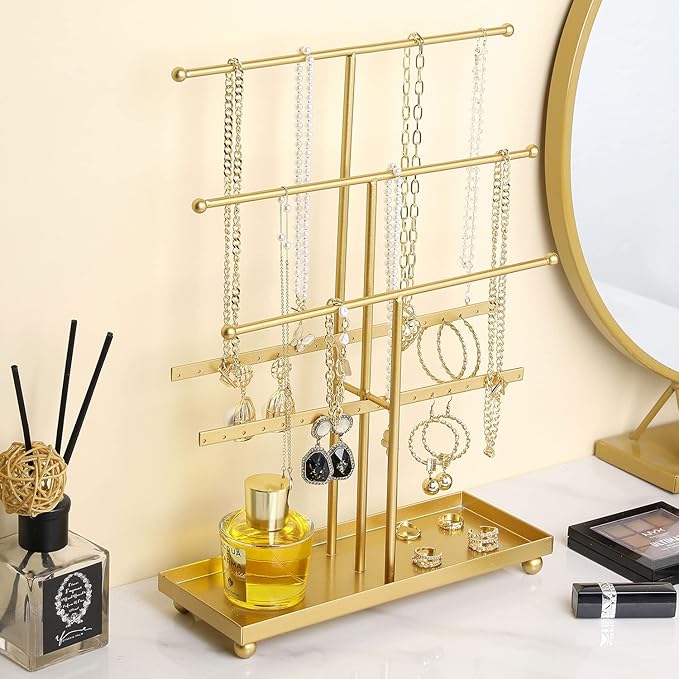 MyGift 5-Tier Gold Metal Jewelry Organizer Stand with Earring Hooks & Ring Tray - T-Bar for Tangle-Free Necklace Bracelet Display - Home Store Boutique (16.25" H)