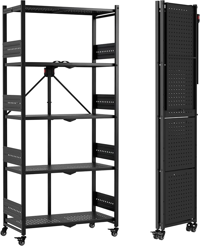 WORKPRO 5-Tier Folding Shelf, No-Assembly Metal Storage Rack with Wheels, 750 lbs Capacity (Without Wheels), Collapsible Shelving Unit for Kitchen, Pantry, Bathroom & Closet Organization