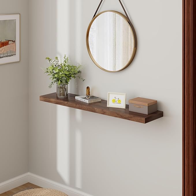 Floating Shelves 48 Inch Long, 48"W x 9.3"D Wall Shelf Invisible Bracket, 9.3 Inch Deep Floating Shelf for Wall, Rustic Wooden Shelves for Living Room, Kitchem, Bedroom, Walnut Color, Set of 1