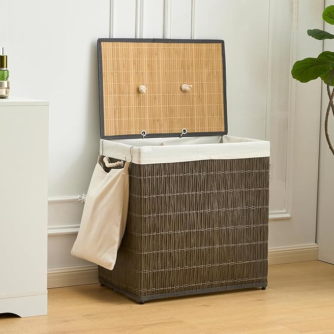 Laundry Hamper with Lid, 39.6 Gallon(150L) Large Laundry Basket 2 Removable Liner Bags, Synthetic Rattan Clothes Hamper with Side Pocket, laundry organization for bathroom, laundry room, Grey