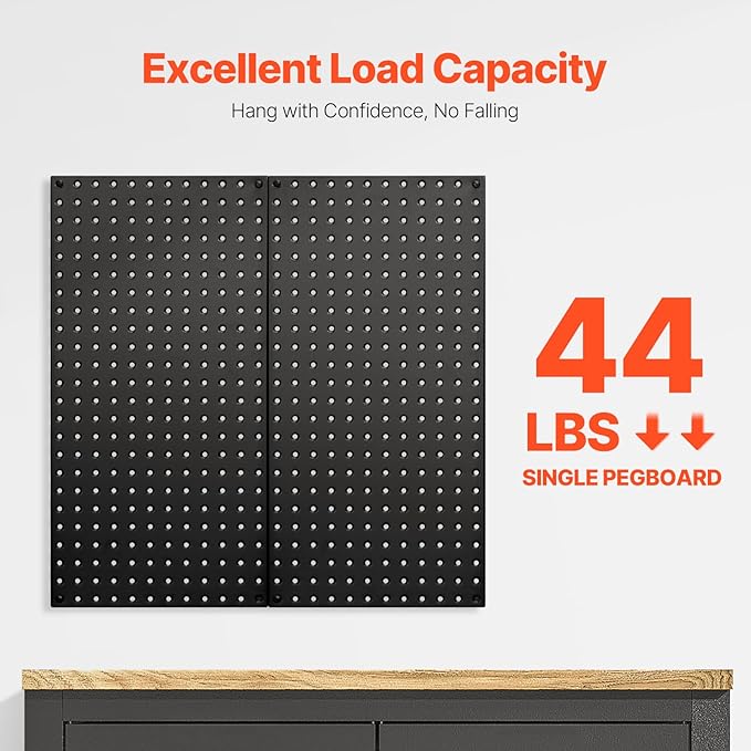 VEVOR Metal Pegboard Panels, 32" x 16" Pegboard, 2 Panels, Heavy Duty Steel Peg Board Wall Organizer, for Living Room Garage Tool Storage Workbench Office Organization Craft Room Kitchen Home, Black