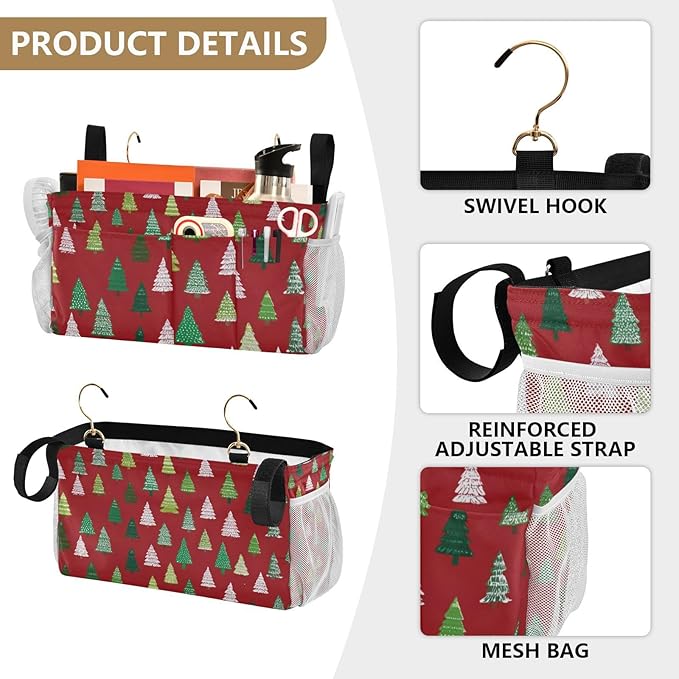 Christmas Trees White Green Bedside Caddy for Dorm Bed Bedside Hanging Caddy Bag Iron Frame Storage Organizer Pocket for Bunk Home College Hospital Beds 2 Hooks