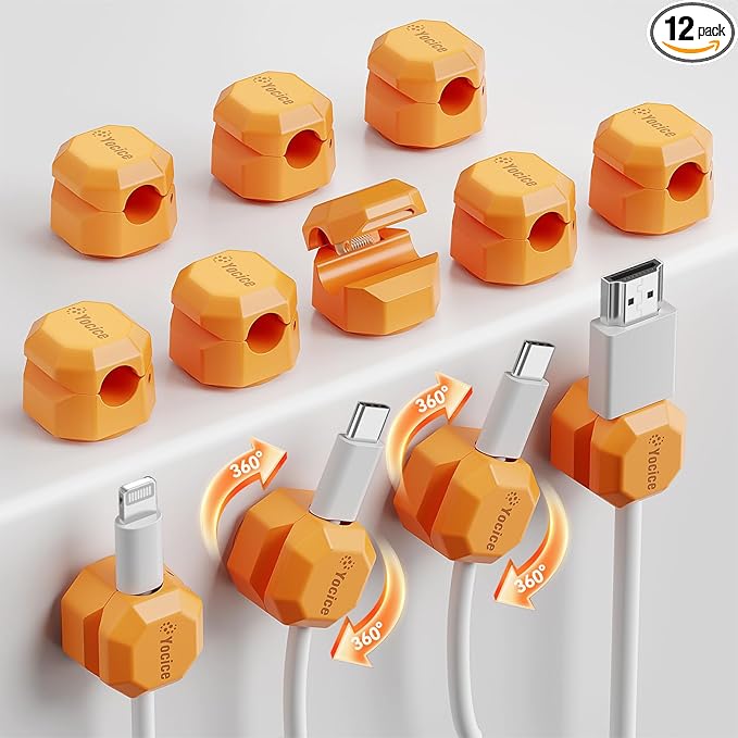 12 Pack Rotatable Cable Clips,Spring Cord Organizer Desk Cable Management Cord Holder Adhesive Phone Charger Cord Clips for Home Office Car Wall Nightstand Accessories Orange