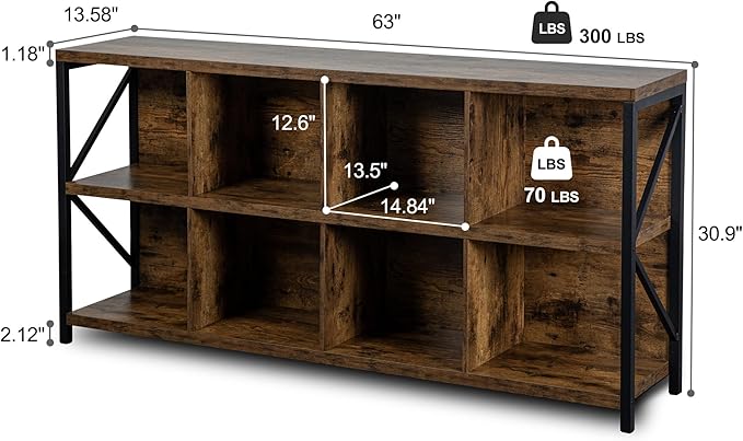 otlectics 2-Tier Bookcase with 8 Cubes, 63 Inch Industrial Horizontal Bookshelf, Home Office Storage Cabinet Organizer with Metal Legs, Rustic Brown