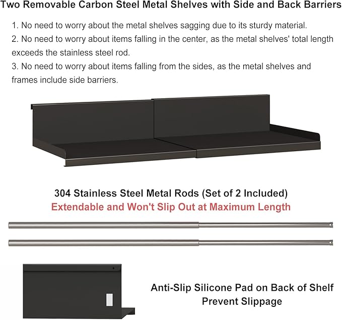 Expandable Under Cabinet Shelf Organizer with 0.94-Inch Thick Clips, Heavy Duty Extendable Under Shelf Storage Basket for Pantry or Laundry Room, Black, 1 Pack, Interior: 4.13" H x 7.2" D
