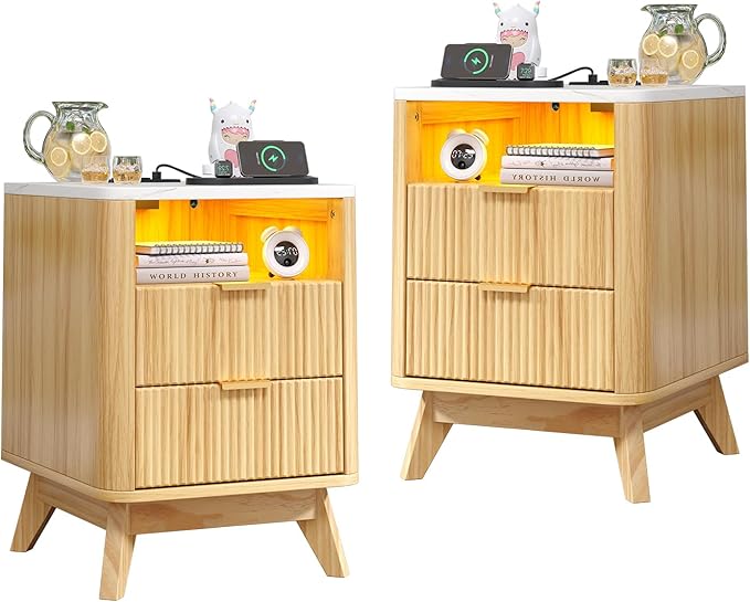 Nightstand with Charging Station, Fluted Nightstand with LED Lights, Modern Rustic Side Table with 2 Storage Drawers, Wooden End Table for Bedroom, Natural Oak 2pcs