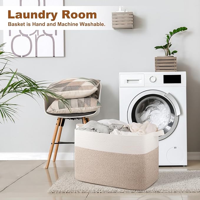 XXXL Supre Large Blanket Basket for Clothes, Towels, Pillows, 108L Cotton Rope Storage Basket for Living Room, Woven Toy Storage for Kids, 25" x 16" x 16", Brown and White