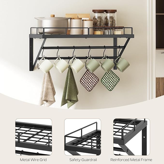 Wall Mounted Pot Rack, 23.8 Inch Pot and Pan Organizer with 2 Tier Hanging Rails, 12 S-Hooks, Metal Pot Rack for Kitchen Cookware Organizer, Space Saving, for Kitchen Utensils, Black PR01BK