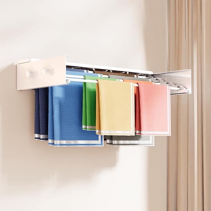 BAKON Wall Mounted Drying Rack with 4 Hooks and Shelf, Foldable Clothes Drying Rack for Laundry Room, Collapsible Laundry Rack Wall Mount, for Indoor Outdoor Hanging Clothes, 23.6 Inch