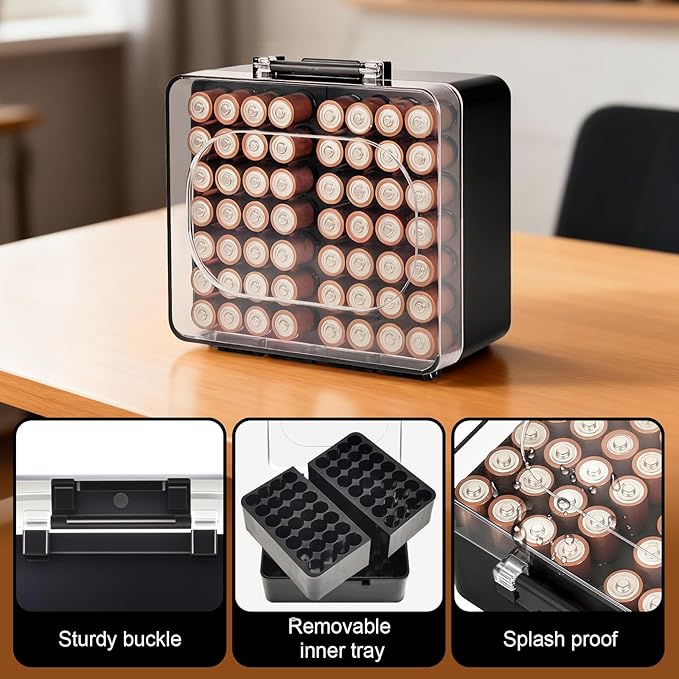 FULLCASE Battery Storage Organizer Box, Holder Container for 56 AA Batteries, Plastic Home Batteries Variety Pack Protective Organization(Case Only) Black