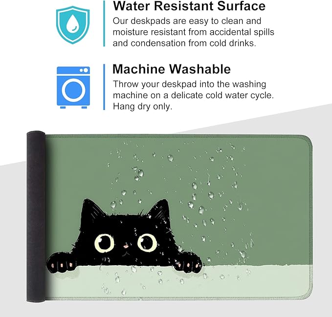 Cute Black Cat Large Mouse Pad – Extended Desk Mat 35.43 x 15.75 in – Kawaii Kitty Peeking Over Edge, Green Background, Non-Slip Rubber Base, Waterproof Keyboard & Mouse Pad for Office or Gaming