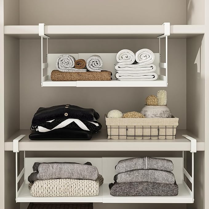 Expandable Under Cabinet Shelf Organizer with 0.94 Inches Thick Clips, Heavy Duty Extendable Under Shelf Storage Basket for Pantry or Laundry Room, White, 1 Pack, Interior: 5.7" H x 8.54" D