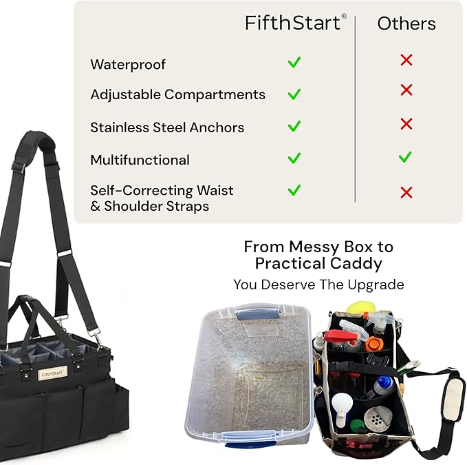 FifthStart Multiuse Cleaning Caddy with Waist & Shoulder Strap - Diaper Caddy & Beach Bag - 9 Pockets & Mesh Base - Adjustable Compartments (Black, Small) - Cleaning Supplies Organizer Bag