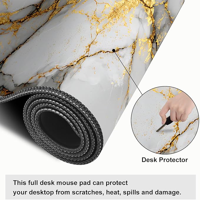 White Marble Mouse Pad – Large Extended Desk Mat 31.5 x 11.8 in– Elegant Gold Vein Design, Non-Slip Rubber Base, Waterproof Surface, Keyboard & Mouse Pad for Office, Gaming, Home Decor