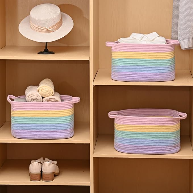 DUHEL Cotton Rope Woven Storage Basket, Used for Baby Hamper Toy Organizer, Gift Baskets Empty,Kids Laundry Basket,Baby Blanket Basket. Size 15x10x8.7 Inches. (Rainbow-3Pcs)
